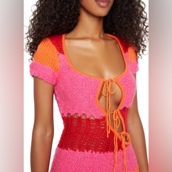 Danielle Guizio Red, Orange and Pink Knit Crochet Mini Dress - Picture 2 of 7